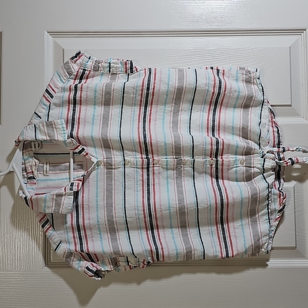 Weatherproof Vintage Washable Linen Tie Front Striped Top Rio Red Size Small